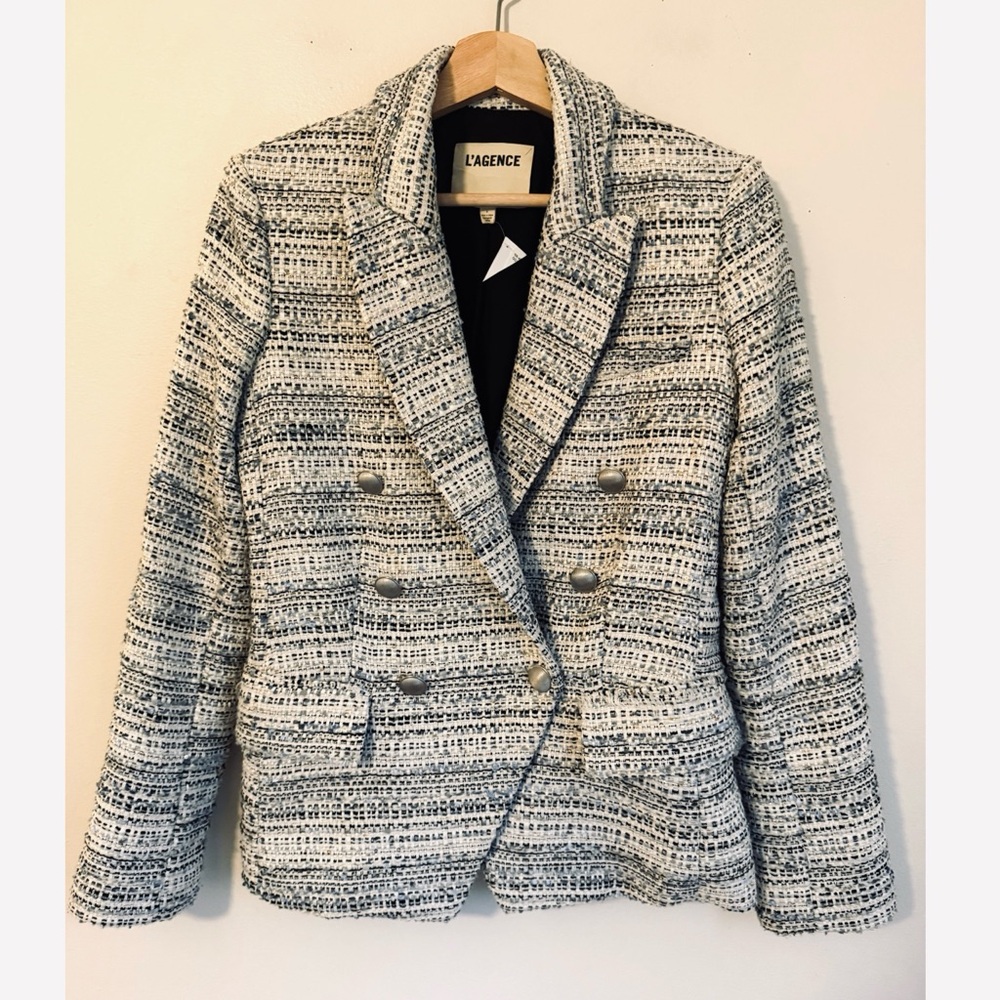 L'AGENCE White and Gray Tweed Double-Breasted Blazer - Picture 5 of 9